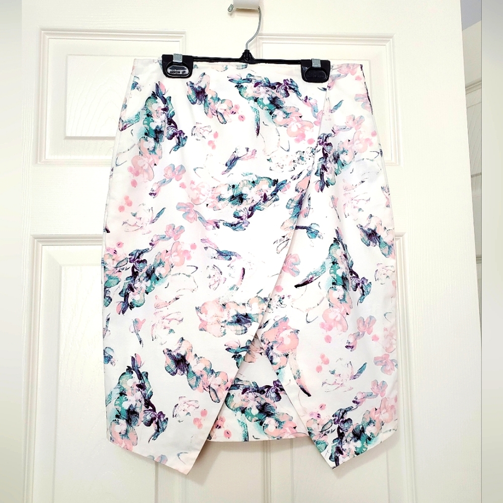 RW&CO faux wrap watercolor printed cotton pencil skirt white pink green 0 fit XS